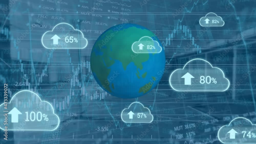 Poster animation of clouds with growing number, globe and financial data processing over empty office