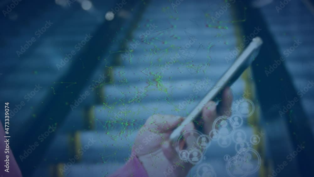 Poster animation of networks of connections and icons over caucasian woman using smartphone