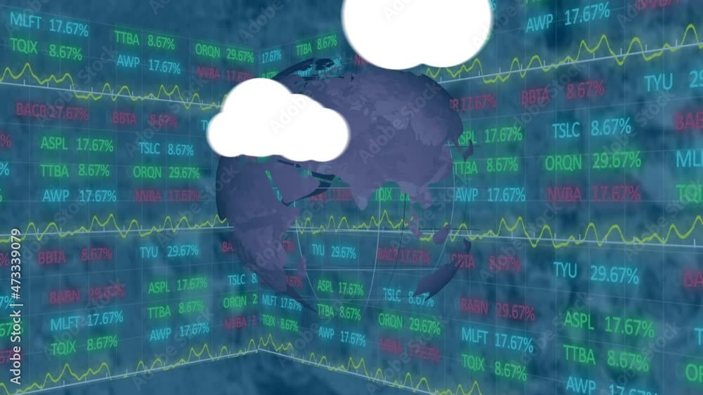 Poster animation of clouds with icons and globe over stock market