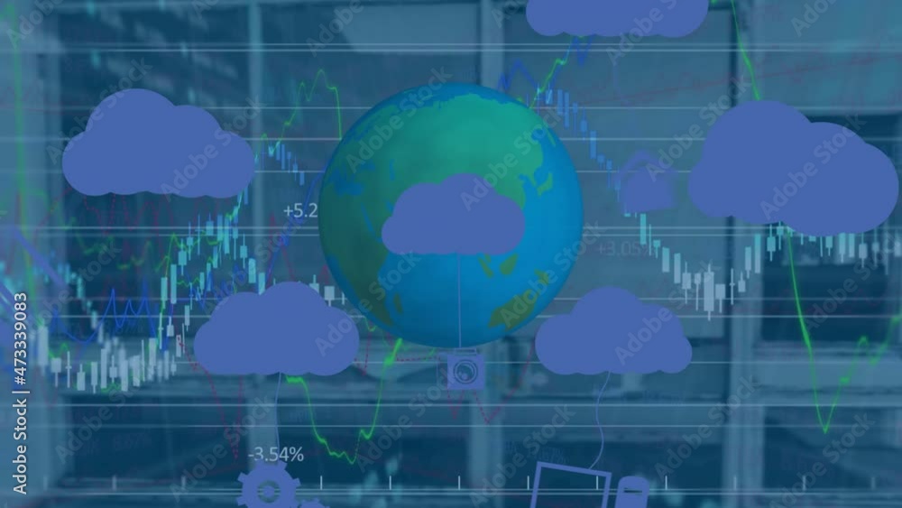 Poster animation of clouds with icons, globe and financial data processing over empty office