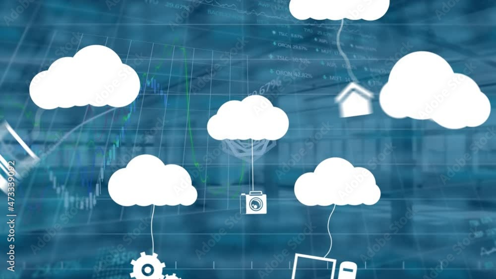 Poster animation of clouds with icons and financial data processing over empty office