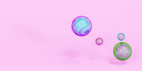 Glass multicolored iridescent spheres, 3d render. Abstract background. Iridescent glowing spheres, on a pink background. Fashionable banner design