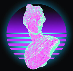 Retrofuturistic vaporwave style 3D illustration of a low poly Apollo Belvedere bust. Sci-fi retro aesthetics. - obrazy, fototapety, plakaty