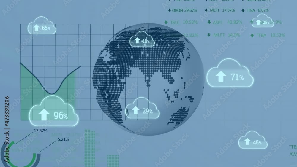 Poster animation of clouds with percentage and data processing with globe on white background