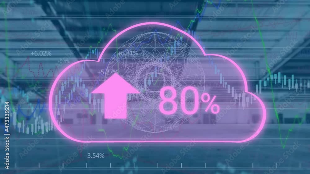 Poster animation of cloud with growing number and financial data processing over empty office