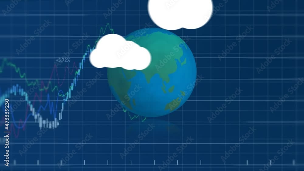 Poster animation of clouds with media icons and data processing with globe on blue background