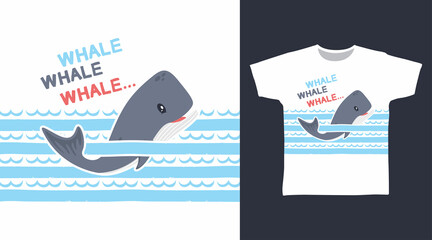 Cute whale with stipe tee design concept - obrazy, fototapety, plakaty