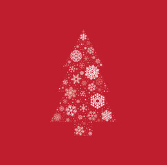 Vector christmas tree composed of different snowflakes. Red background. 