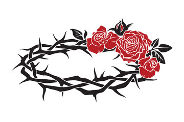 crown of thorns and red roses icon isolated on white background 
