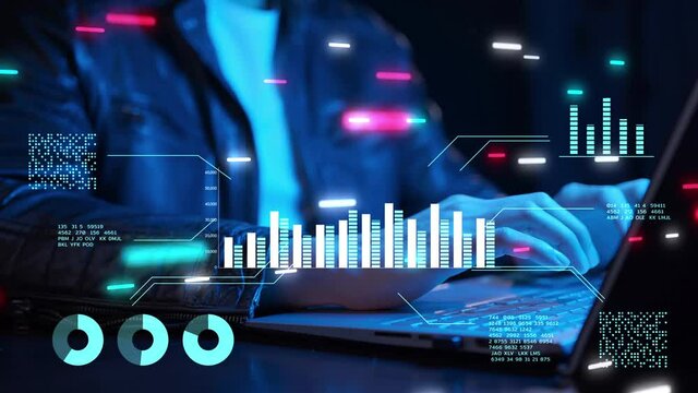 Businessman typing on laptop computer NFT financial futuristic graph chart statistic graphic, Business investment stock exchange market crypto currency data analytics metaverse digital technology