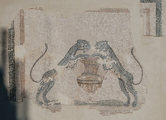 Mosaic depicting two panthers drinking from a krater used to mix wine with water, from Sardinia,...