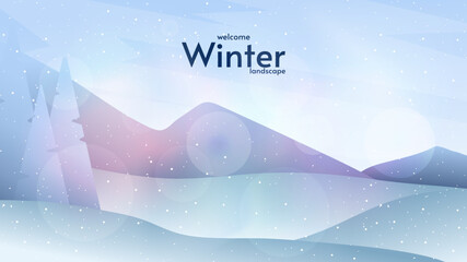 Fototapeta na wymiar Vector landscape background illustration with beautiful winter colors. Blue mountains, winter snow, blizzard, snowfall, snowdrift landscape. 