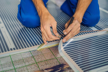 Master installs film warm floor in the room. Floor heating installation