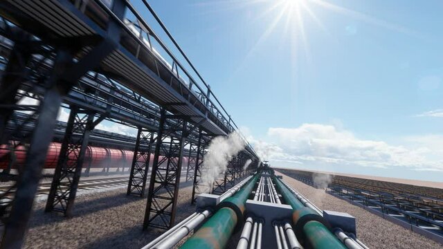 Pipelines Near a Solar Panel Field on a Sunny Day 3D Rendering