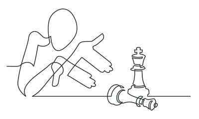 Continuous drawing of a man pointing with his hands to chess. Pointery gesture. Vector illustration