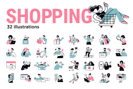 Shopping concept illustrations. Set of illustrations of men and women in various activities of online shopping, ecommerce, sale, product order and delivery. Modern vector for graphic and web design.