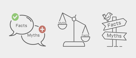 Facts vs Myths illustration. Flat style icon set. Isolated on white background. 