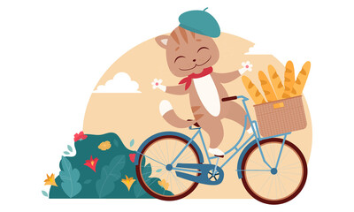 A cute cat in a beret rides a bicycle with a wicker basket with baguettes. Vector food illustration. French cuisine, pastries, Parisian cafe.
