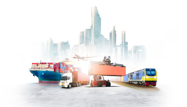 Global business logistics import export and container cargo ship, freight train, cargo plane, container truck at city background with copy space, transportation industry concept worldwide distribution