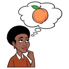 Woman thinking about a Peach - A cartoon illustration of a Woman thinking about a fresh organic Peach.