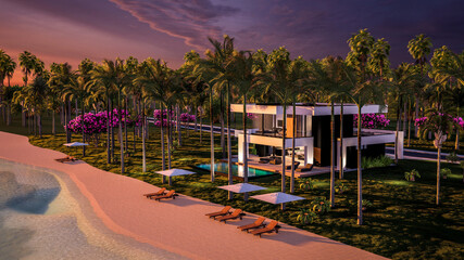 3d rendering of modern cozy house with pool and parking for sale or rent in luxurious style by the sea or ocean. Sunset evening by the azure coast with palm trees and flowers in tropical island