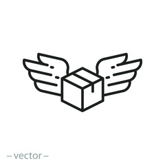 fast delivery icon, cargo box with wings, air parcel service, fly package, express order, thin line symbol - editable stroke vector illustration