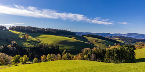 Panoramic view of green autumn hills in Black Forest range