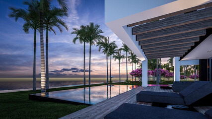 3d rendering of modern cozy house with pool and parking for sale or rent in luxurious style by the sea or ocean. Sunset evening by the azure coast with palm trees and flowers in tropical island