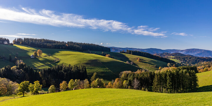 Panoramic view of green autumn hills in Black Forest range