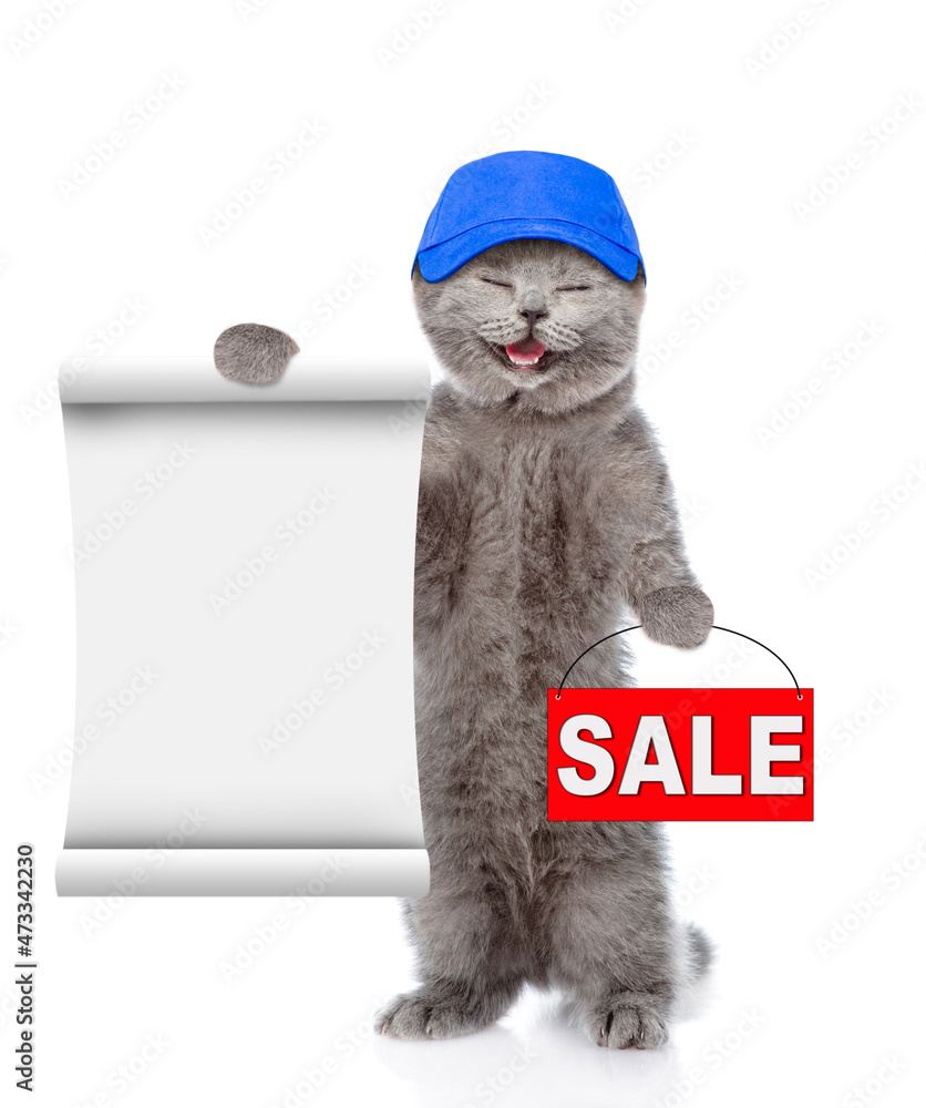 Poster happpy cat wearing blue cap shows sales symbol and empty list. isolated on white background
