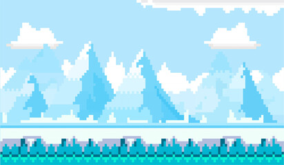 winter pixel art, there are very beautiful blue mountain ranges covered with snow