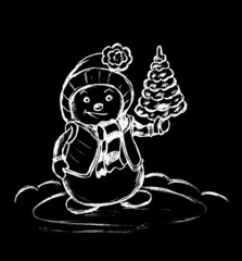 A snowman in a hat and scarf with a Christmas tree in his hand