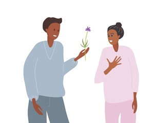Man giving woman flower. Young couple on date. Lady presses her hand to chest to heart. Young smiling girl and boy in Casual clothes. Flat vector illustration. Surprise to girlfriend.