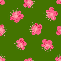 Seamless pattern spring plants on green background. Vector floral template in doodle style with flowers.