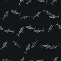 Seamless pattern shark on black background. Texture of marine fish for any purpose.