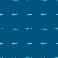 Seamless pattern Blue shark on dark blue background. Texture of marine fish for any purpose.