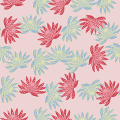 Fototapeta na wymiar Seamless pattern with hand drawing lotus on light pink background. Vector floral template in doodle style. Gentle summer botanical texture.