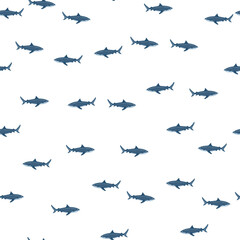 Obraz na płótnie Canvas Seamless pattern Tiger shark isolated on white background. Blue texture of marine fish for any purpose.