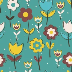 Tuinposter Seamless pattern cute cartoon of flowers and leaves. spring collection wallpaper, for fabric print and scarf © PIPIOREN