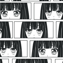 Manga style. Anime characters. Vector seamless pattern. Wallpaper.  Background - obrazy, fototapety, plakaty