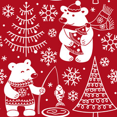 Polar bear jacquard winter knitted seamless pattern. Red and white Christmas background. Vector illustration.