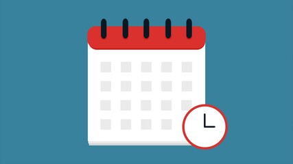 Animation calendar with clock icon on blue background. Schedule, appointment, important date concept. 4K video motion graphic