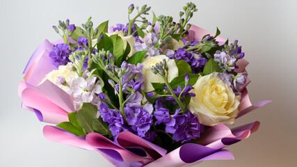 bouquet of purple and white tulips