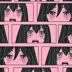 Manga style.  Anime characters.  Vector pink seamless pattern. Wallpaper