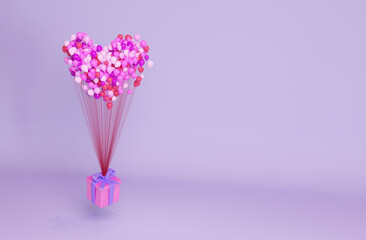 Balloons and gift box, 3d render. Flying gift box with balloons in the shape of a heart. Banner for Valentine's Day