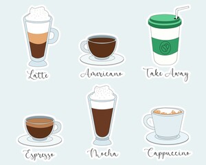 Collection of vector of coffee drinks stickers. Coffee types, variety of beverages. Vector coffee set of clipart design. Latte, americano, take away, espresso, mocha, cappuccino template