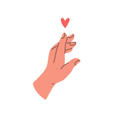 Hand gesture expressing love. Pointing finger and red heart. Vector flat illustration