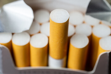 A close up image of an open package of cigarettes.