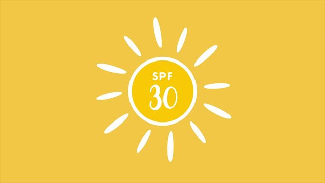 Sun Protection UV Index, spf 30 sign on yellow background. Sun protection concept. 4K video motion graphic