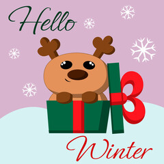 Christmas greeting postcard with character Reindeer and gift box